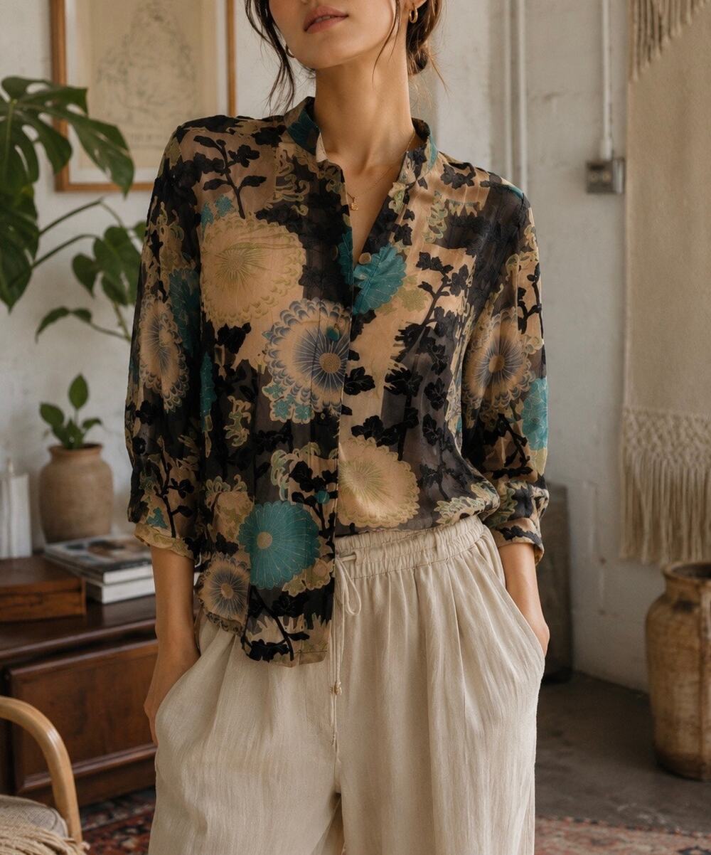 Citron Santa Monica Sheer Silk Asian Floral Burnout Blouse Artsy Boho Size XS